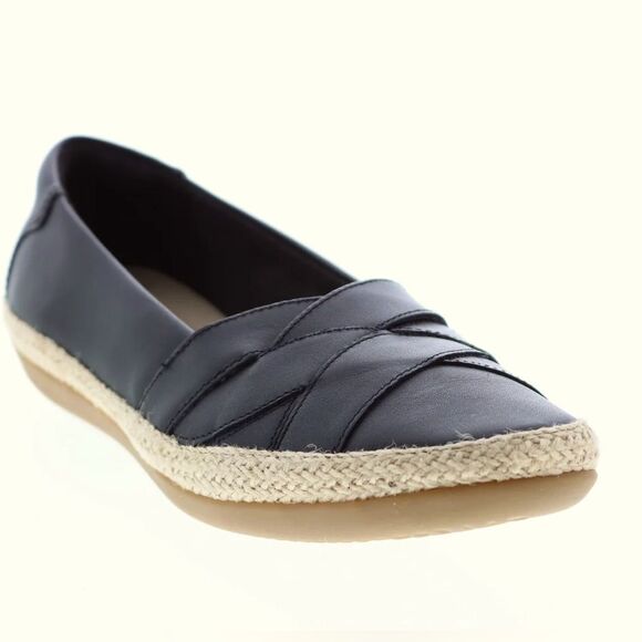 Clarks Black Leather Cloudstepper Comfort Slip On Espadrille Loafer Sz 5.5 - Picture 1 of 14